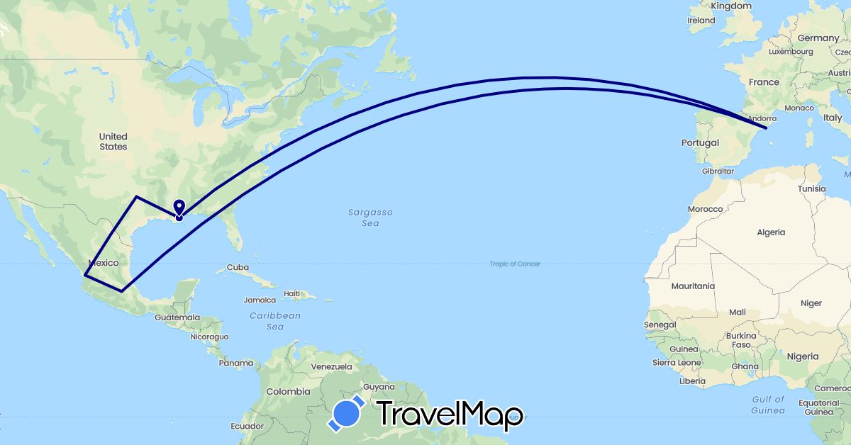 TravelMap itinerary: driving in Spain, Mexico, United States (Europe, North America)